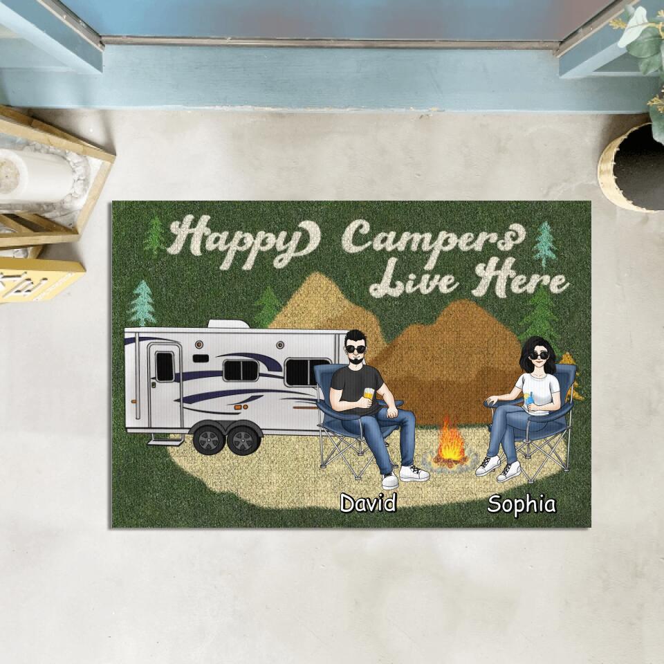 Happy Campers Live Here - Camping Gift - Camper Doormat - Camping Life - Personalized Camping Doormat