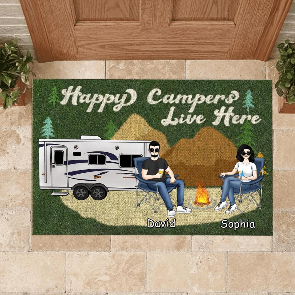 Happy Campers Live Here - Camping Gift - Camper Doormat - Camping Life - Personalized Camping Doormat