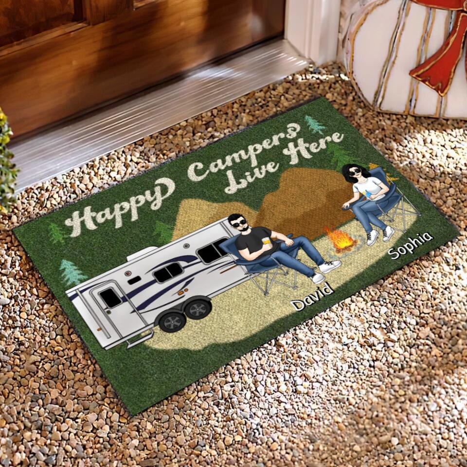 Happy Campers Live Here - Camping Gift - Camper Doormat - Camping Life - Personalized Camping Doormat