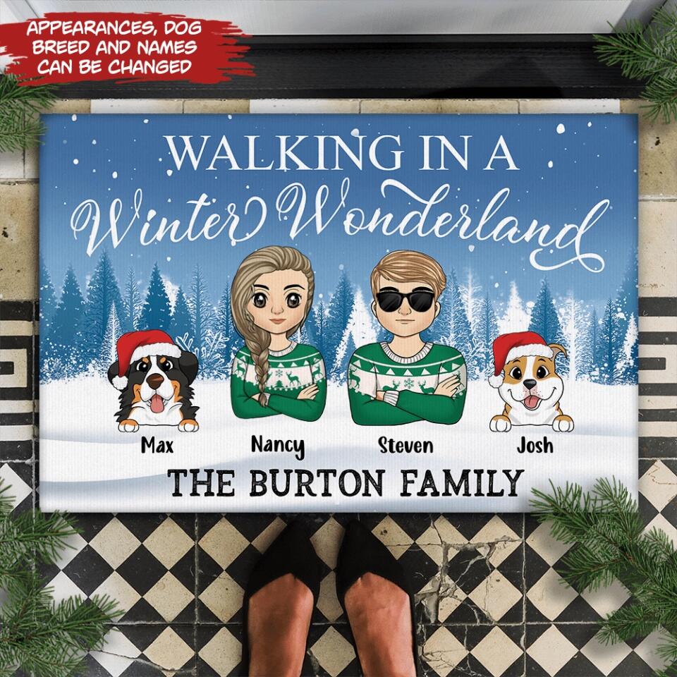 Walking In A Winter Wonderland - Dog Lovers Gift - Welcome Doormat - Personalized Couple And Dog Doormat