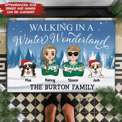 Walking In A Winter Wonderland - Dog Lovers Gift - Welcome Doormat - Personalized Couple And Dog Doormat