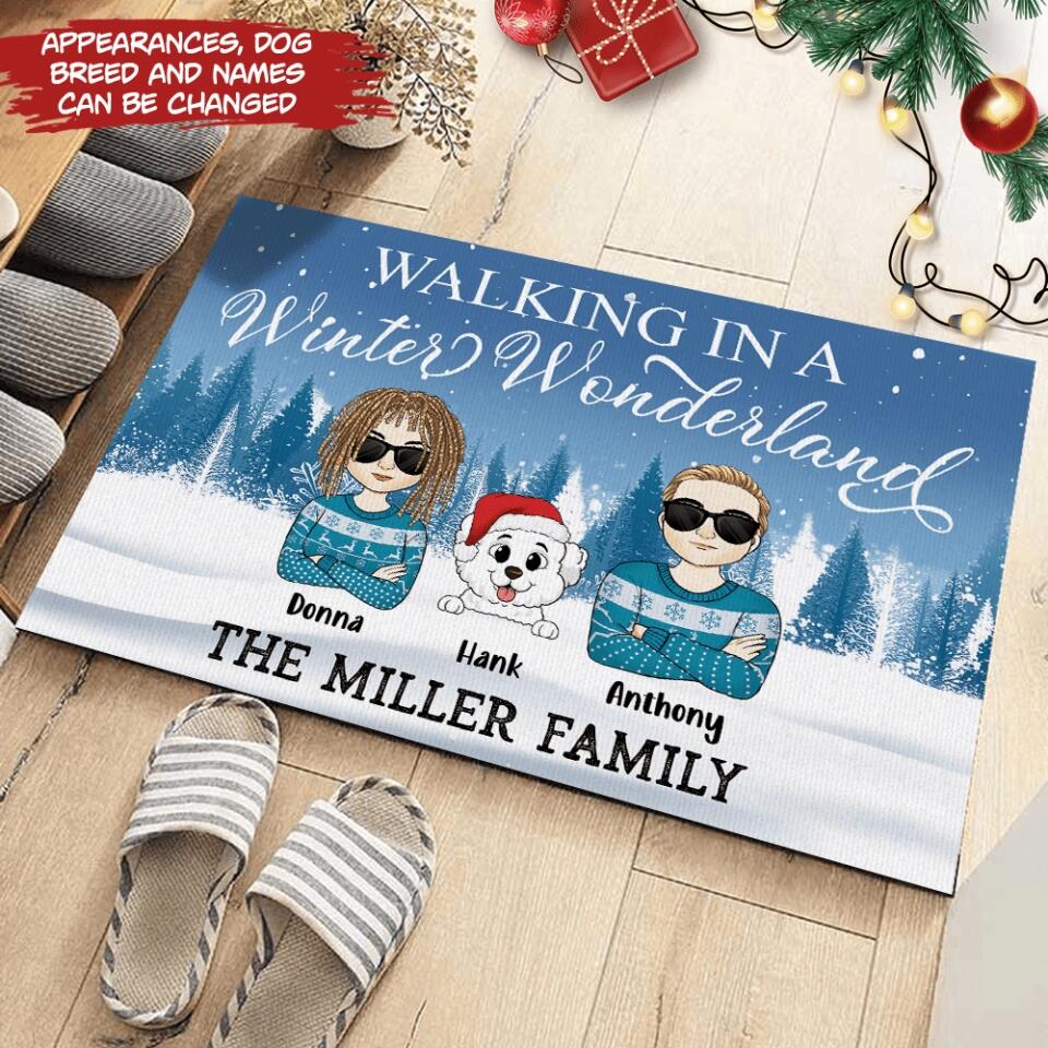 Walking In A Winter Wonderland - Dog Lovers Gift - Welcome Doormat - Personalized Couple And Dog Doormat