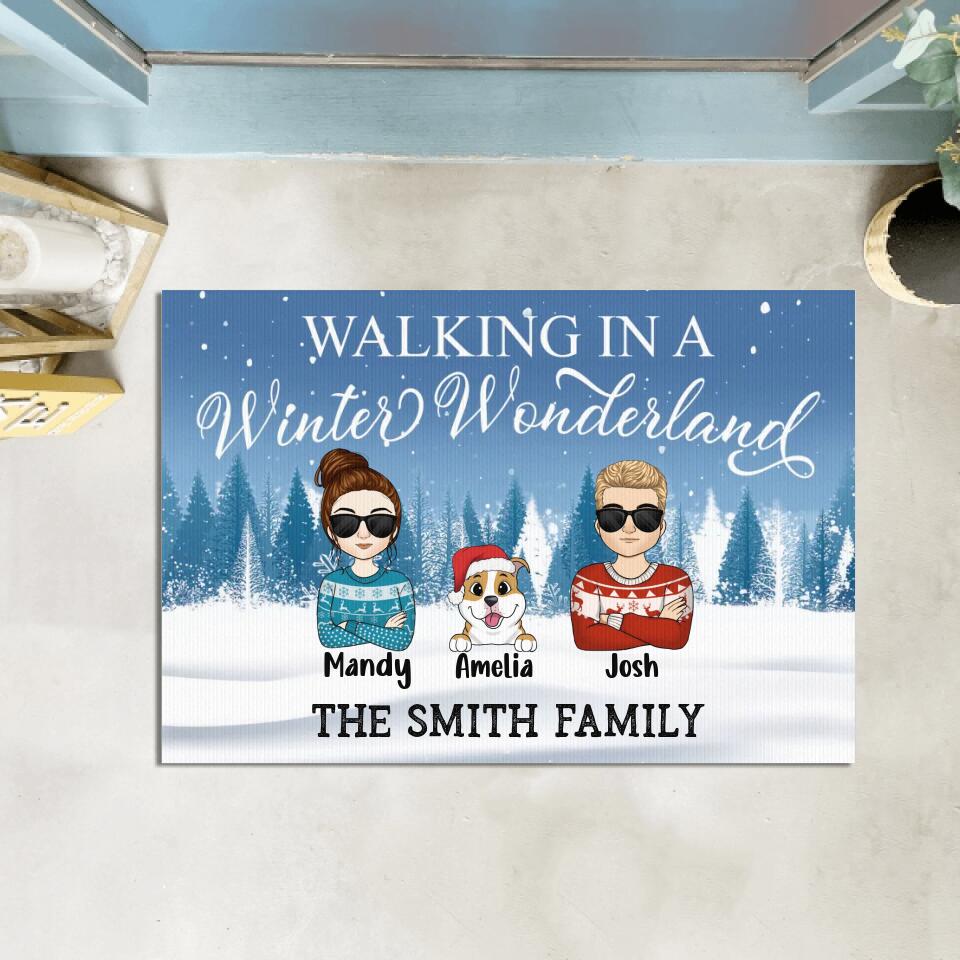 Walking In A Winter Wonderland - Dog Lovers Gift - Welcome Doormat - Personalized Couple And Dog Doormat