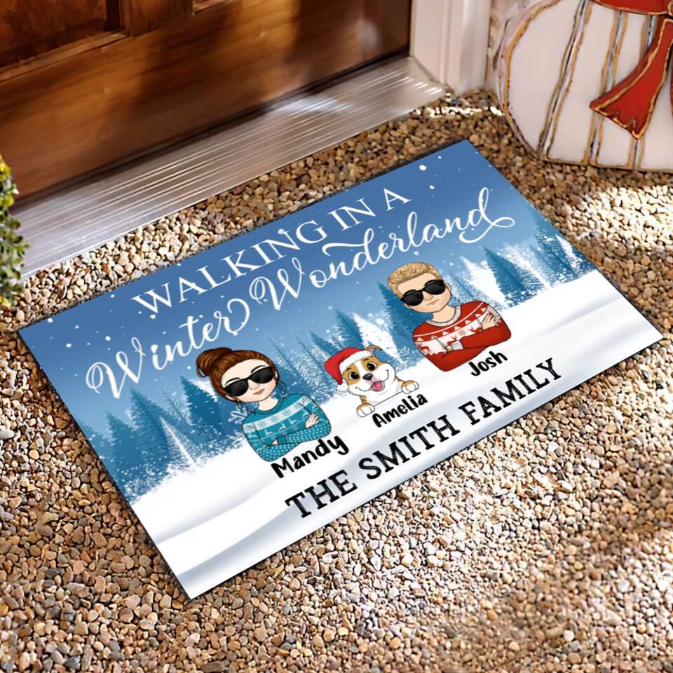 Walking In A Winter Wonderland - Dog Lovers Gift - Welcome Doormat - Personalized Couple And Dog Doormat