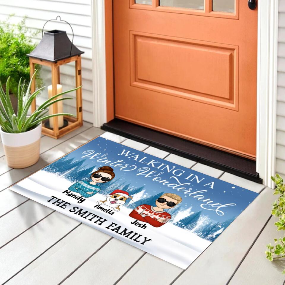 Walking In A Winter Wonderland - Dog Lovers Gift - Welcome Doormat - Personalized Couple And Dog Doormat