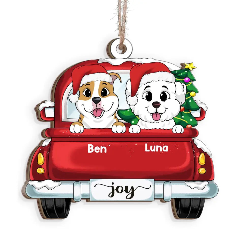 Dogs On Red Truck Christmas - Personalized Wooden Ornament, Gift For Dog Lover, Christmas Gift, Custom Dog Ornament