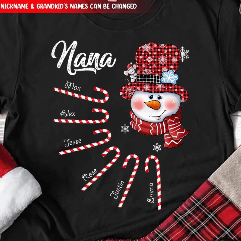 Personalized Nana Snowman Candy Cane Shirt With Grandkids Name, Grandma Nana Christmas Shirt, Custom Nana With Grandkids Name Shirt