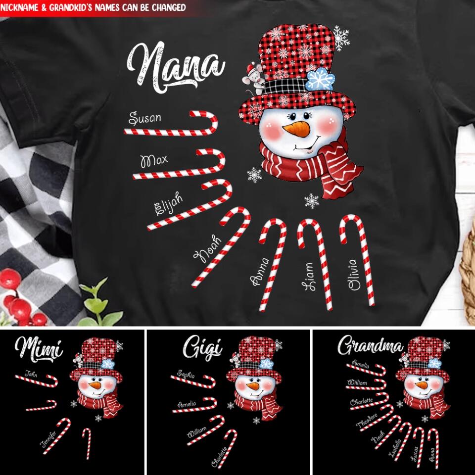 Personalized Nana Snowman Candy Cane Shirt With Grandkids Name, Grandma Nana Christmas Shirt, Custom Nana With Grandkids Name Shirt
