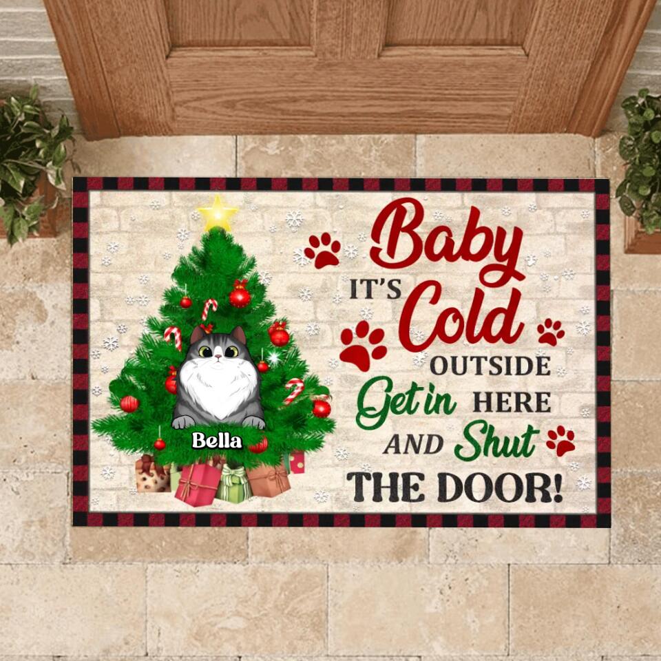 Baby It's Cold Outside Get in HereAnd Shut The Door - Personalized Doormat, Gift For Cat Lover