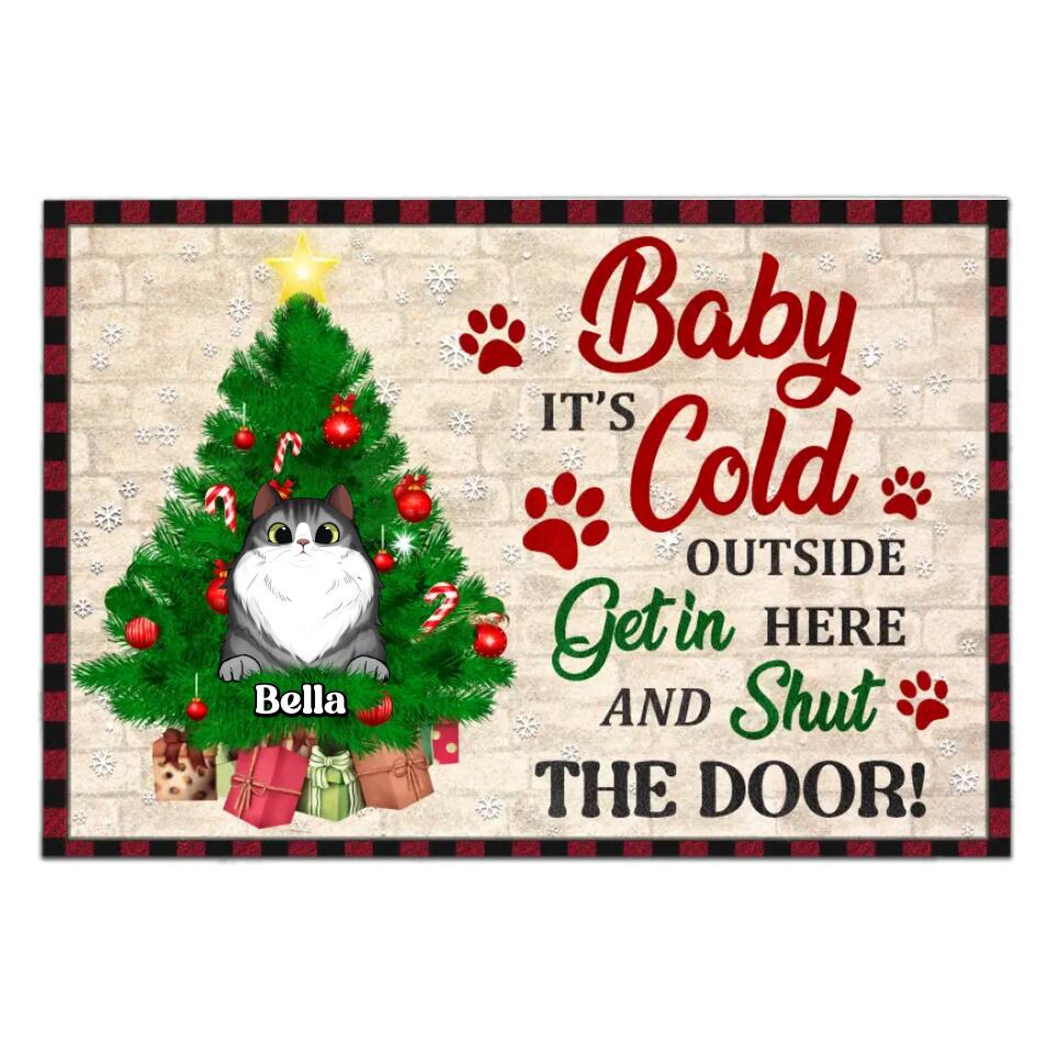 Baby It's Cold Outside Get in HereAnd Shut The Door - Personalized Doormat, Gift For Cat Lover