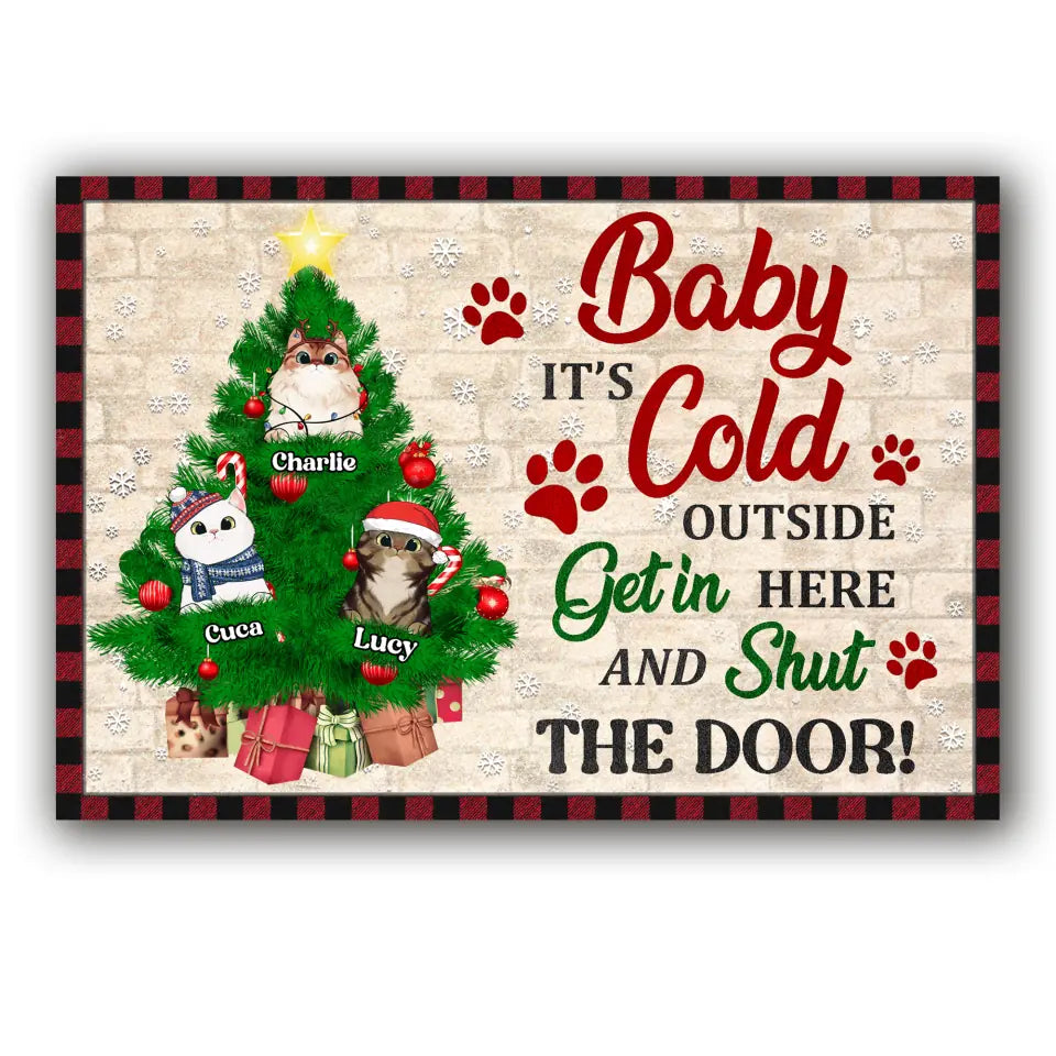 Baby It's Cold Outside Get in HereAnd Shut The Door - Personalized Doormat, Gift For Cat Lover