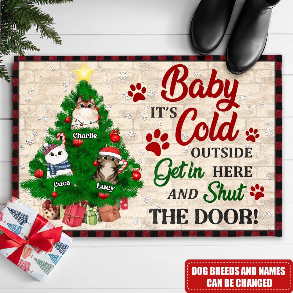 Baby It's Cold Outside Get in HereAnd Shut The Door - Personalized Doormat, Gift For Cat Lover