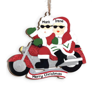 Motorcycle Mr. & Mrs. Claus - Personalized Wooden Christmas Tree Ornament, Christmas Gift For Couple