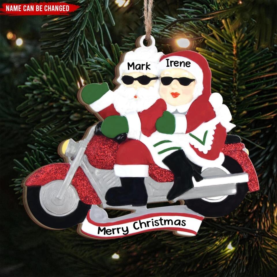 Motorcycle Mr. & Mrs. Claus - Personalized Wooden Christmas Tree Ornament, Christmas Gift For Couple