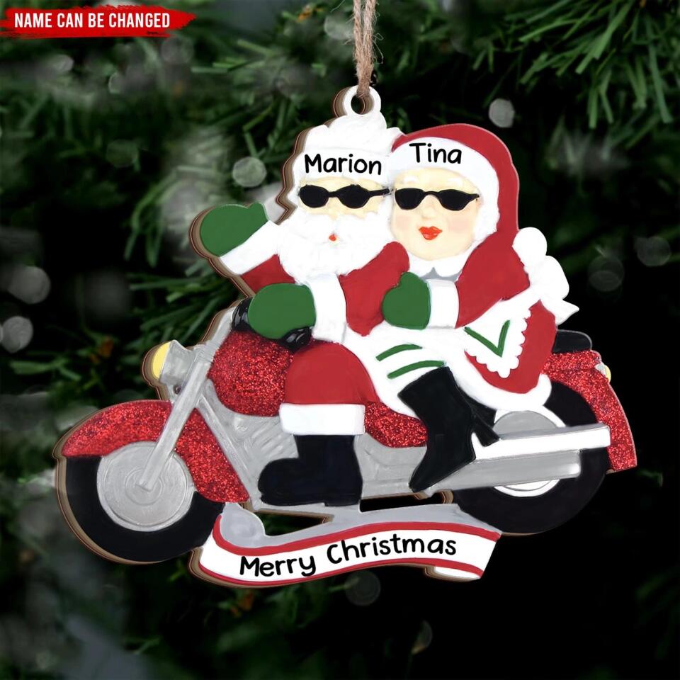 Motorcycle Mr. & Mrs. Claus - Personalized Wooden Christmas Tree Ornament, Christmas Gift For Couple
