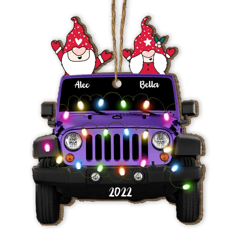 Gnome With Jeep Car Light Christmas - Personalized Wooden Ornament, Gift For Jeep Lover, Christmas Gift For Couple, Husband and Wife