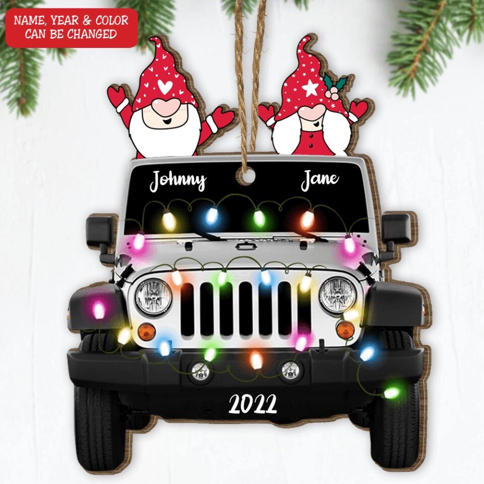 Gnome With Jeep Car Light Christmas - Personalized Wooden Ornament, Gift For Jeep Lover, Christmas Gift For Couple, Husband and Wife