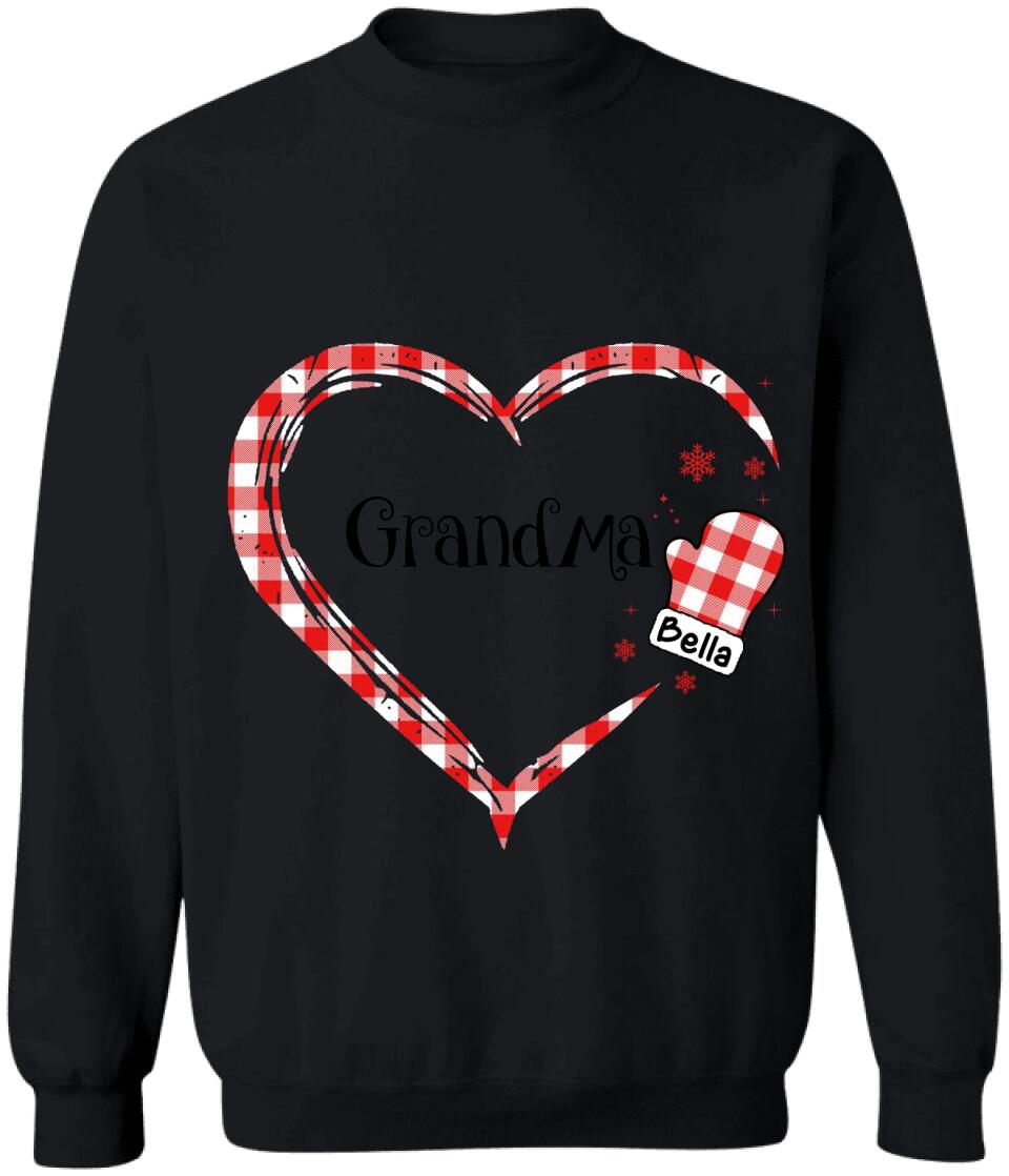 Grandma Heart Hand Print Buffalo Plaid - Personalized T-shirt, Christmas Gift For Grandma, Gift For Nana, Gigi, Grandma Sweatshirt