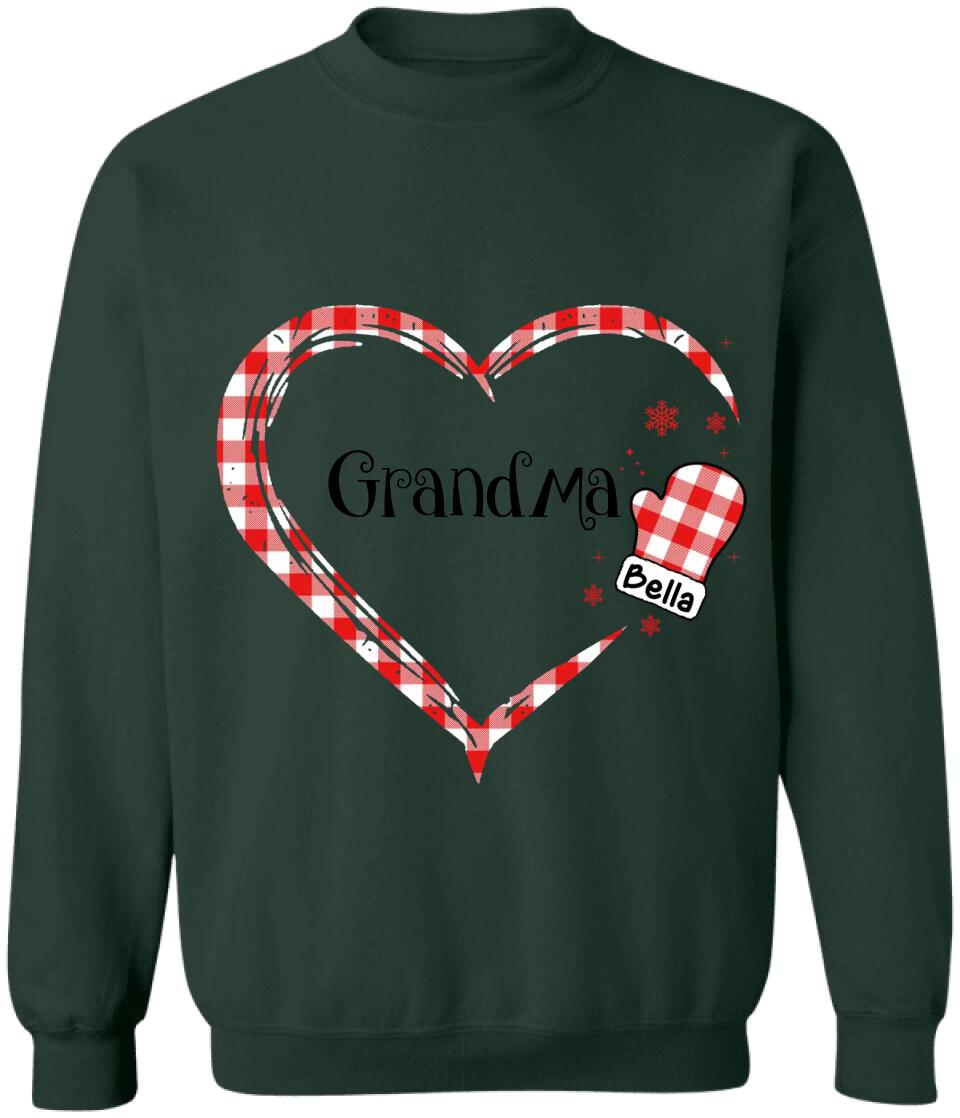 Grandma Heart Hand Print Buffalo Plaid - Personalized T-shirt, Christmas Gift For Grandma, Gift For Nana, Gigi, Grandma Sweatshirt