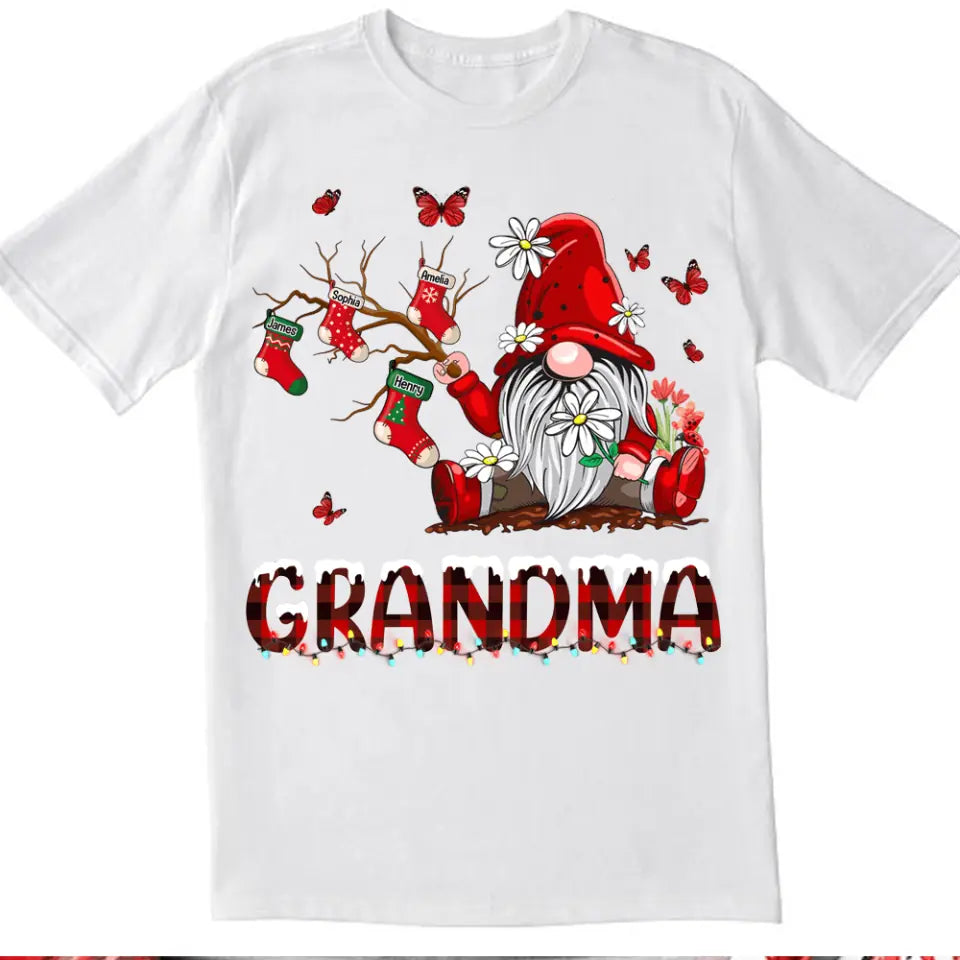 Personalized Gnomes Grandma Christmas Shirt, Xmas Grandma Shirt Custom Christmas Stocking Kid Names