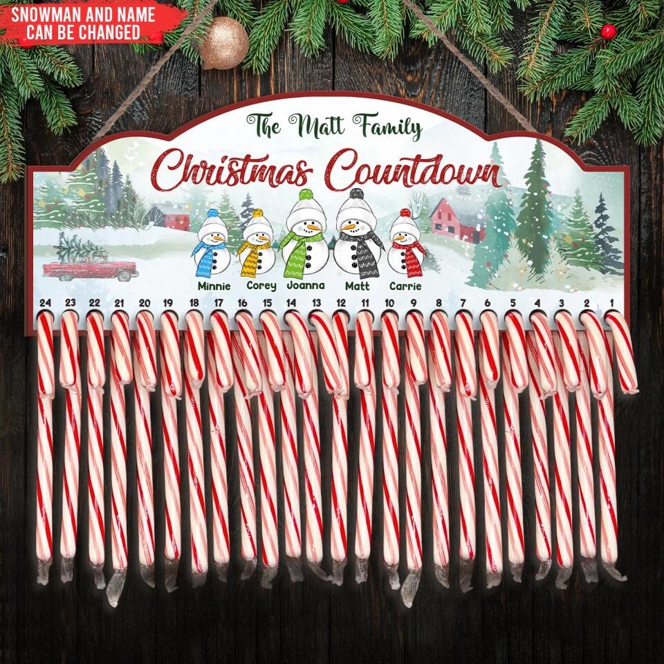 Snowman Family Candy Cane Christmas Countdown - Personalized  Door Sign, Christmas Gift For Family