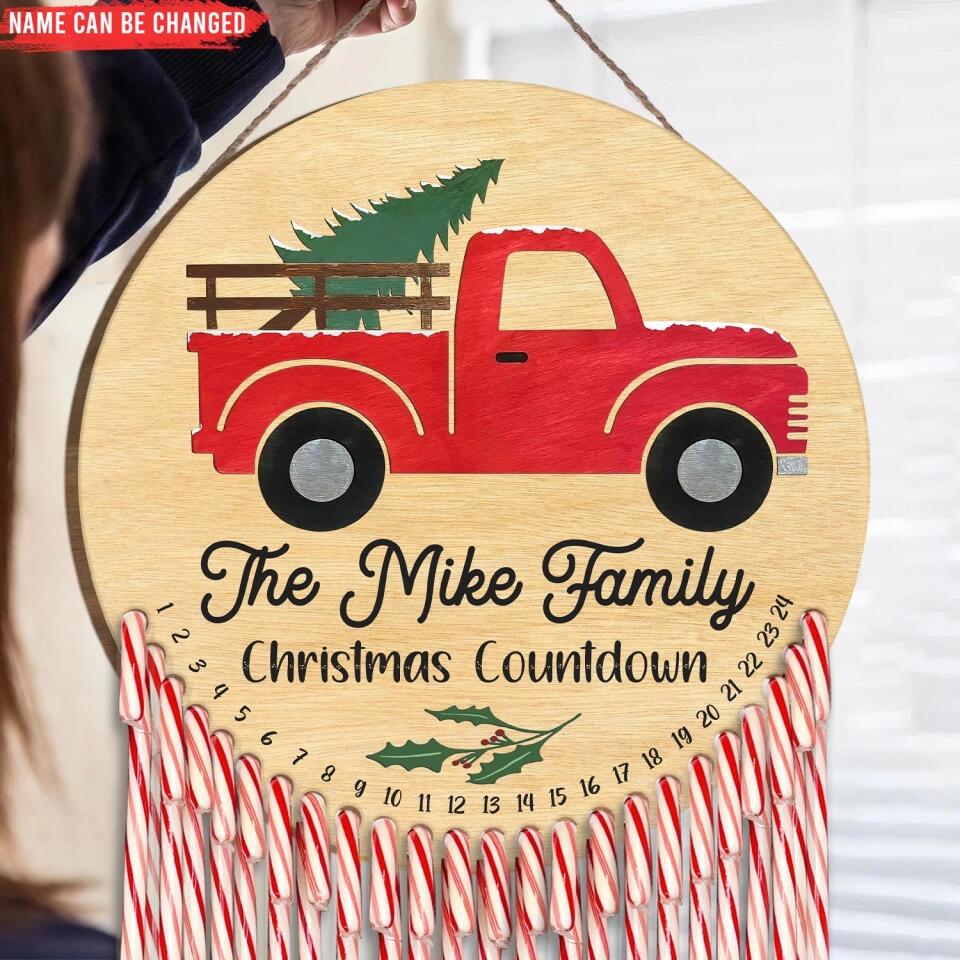 Red Truck Candy Cane Christmas Countdown - 
 Personalized Door Sign, Christmas Gift For Family