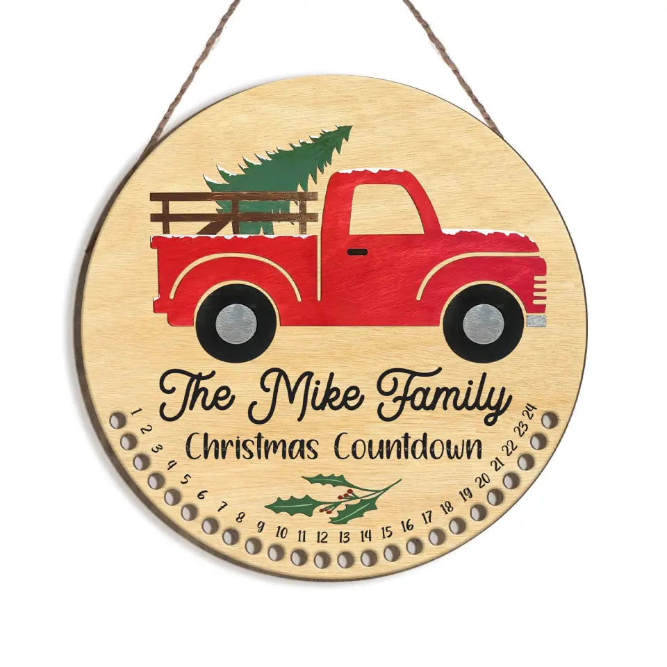 Red Truck Candy Cane Christmas Countdown - 
 Personalized Door Sign, Christmas Gift For Family