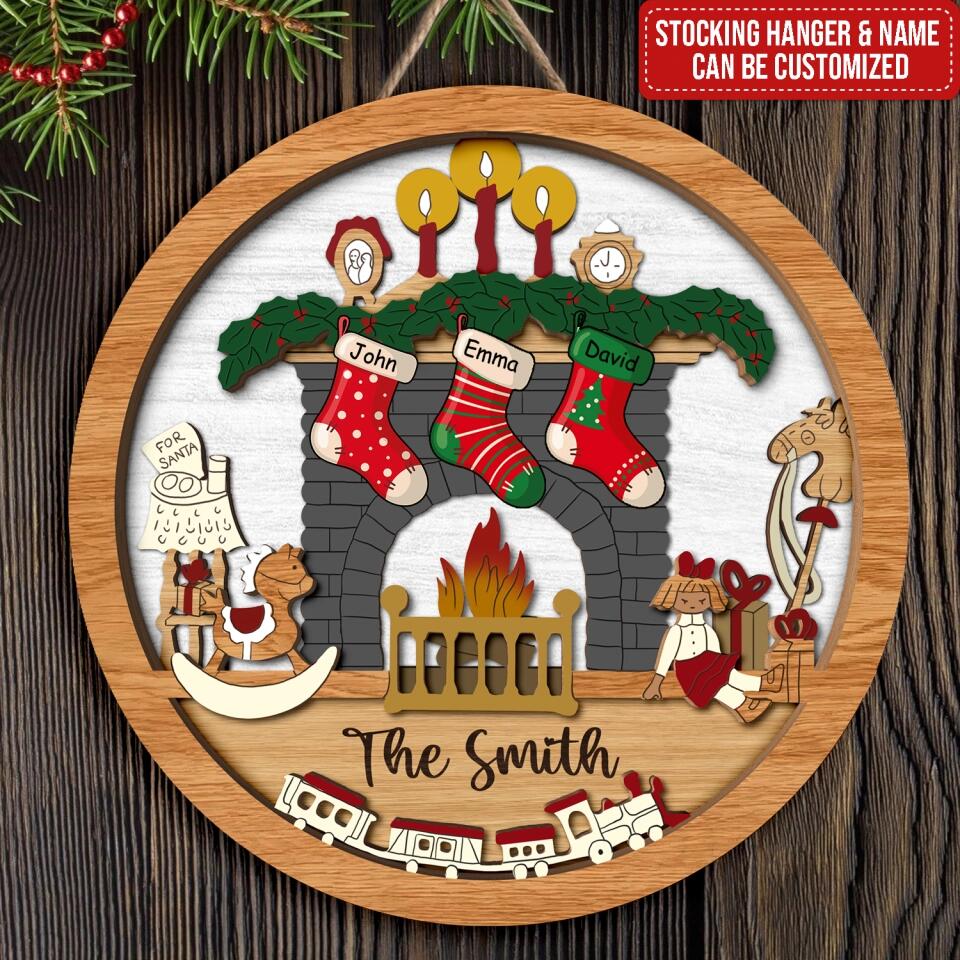 Personalized Family Fireplace with Stockings Christmas Decoration-3D, Wood, Laser Cut, Holiday Home Decor
