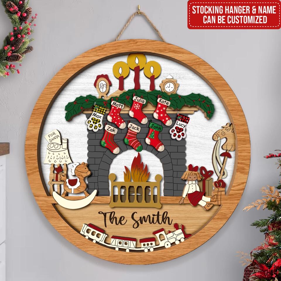 Personalized Family Fireplace with Stockings Christmas Decoration-3D, Wood, Laser Cut, Holiday Home Decor