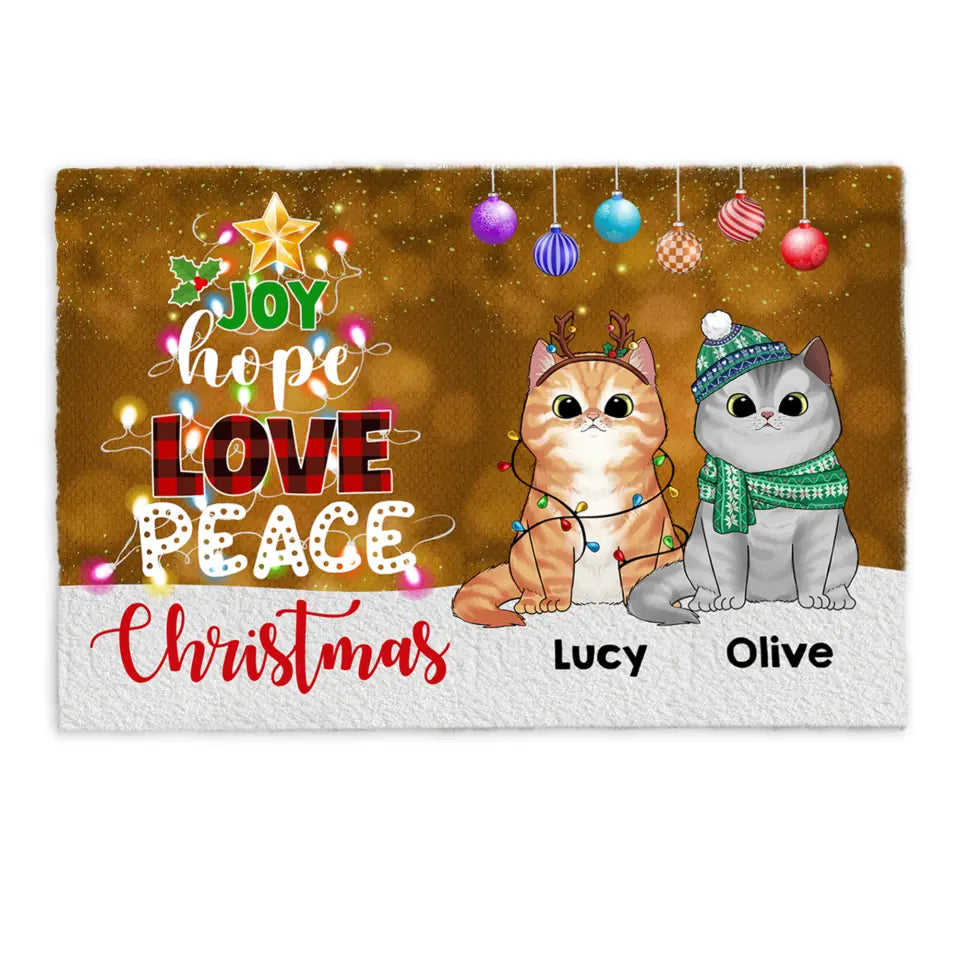 Joy Hope Love Peace Christmas Cats - Personalized Doormat, Christmas Decoration, Gift For Cat Lover