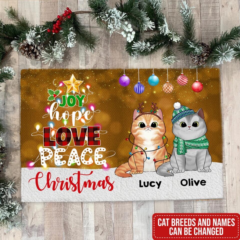 Joy Hope Love Peace Christmas Cats - Personalized Doormat, Christmas Decoration, Gift For Cat Lover