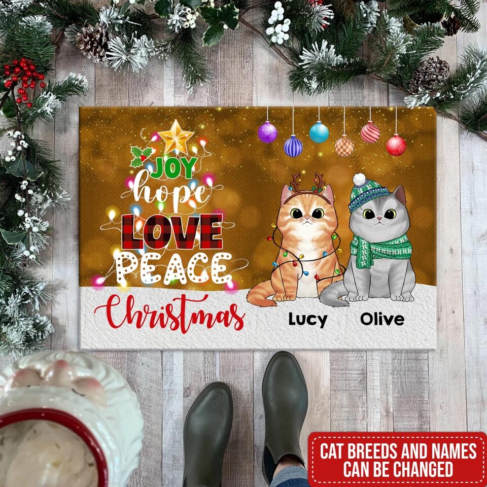 Joy Hope Love Peace Christmas Cats - Personalized Doormat, Christmas Decoration, Gift For Cat Lover