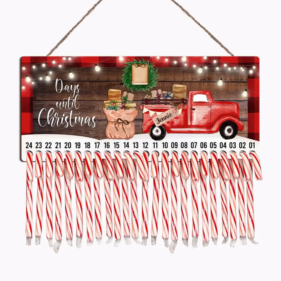 Truck Days Until Christmas, Candy Cane Countdown Advent - Personalized Wooden Sign