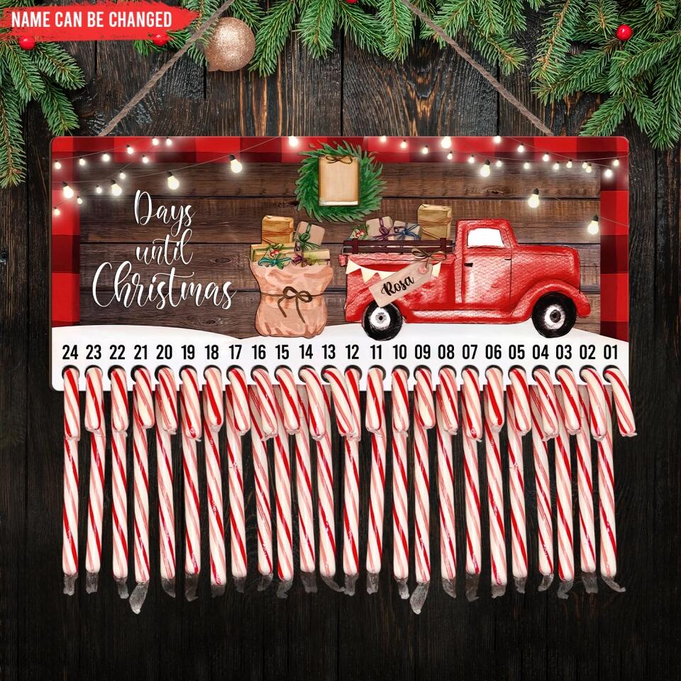 Truck Days Until Christmas, Candy Cane Countdown Advent - Personalized Wooden Sign