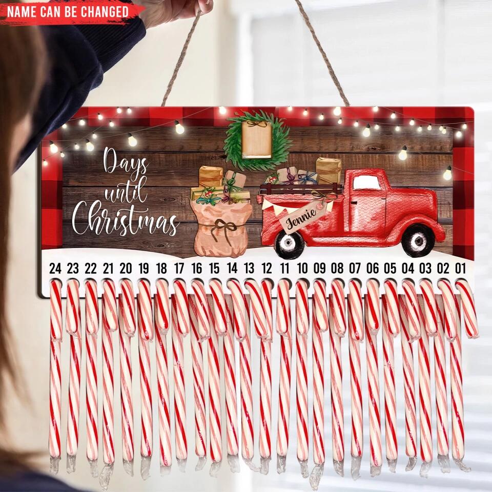 Truck Days Until Christmas, Candy Cane Countdown Advent - Personalized Wooden Sign