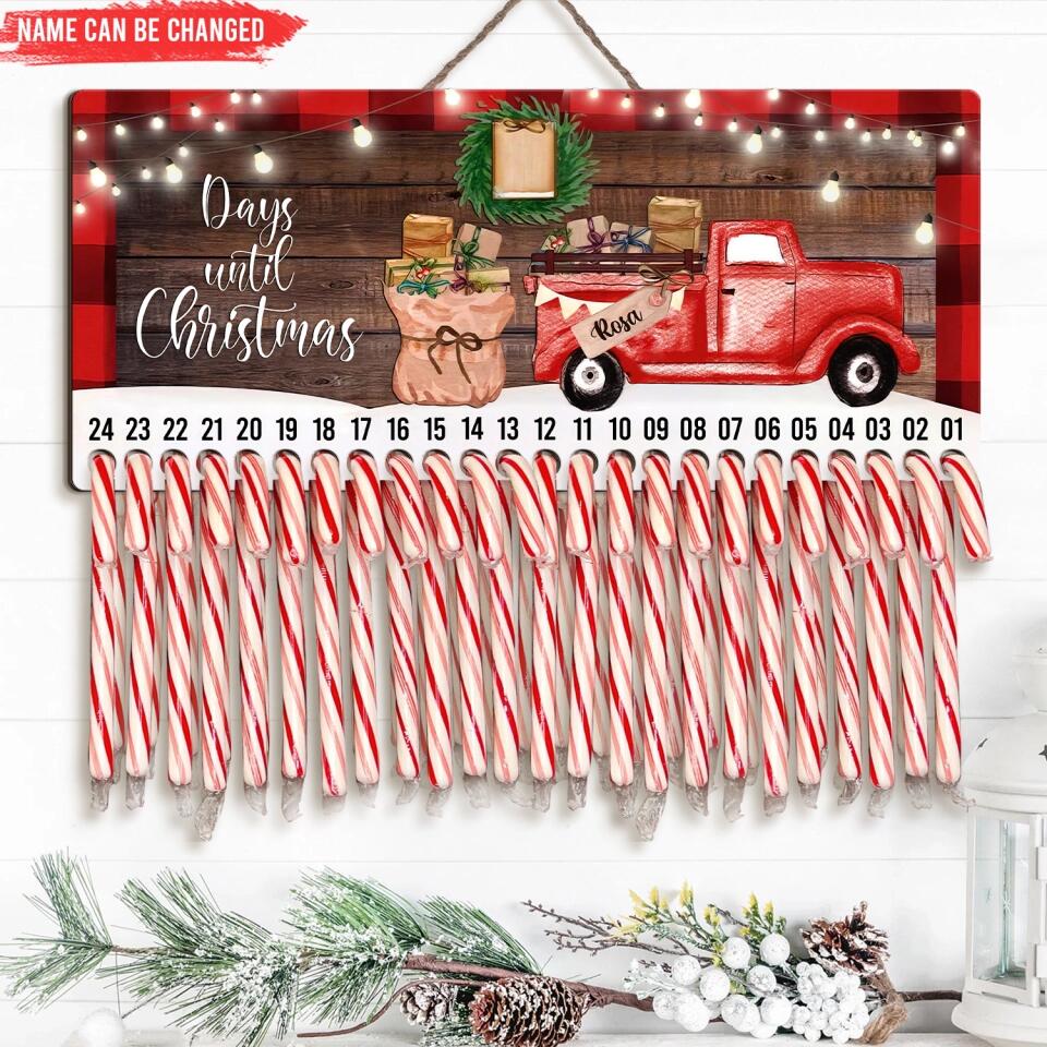 Truck Days Until Christmas, Candy Cane Countdown Advent - Personalized Wooden Sign
