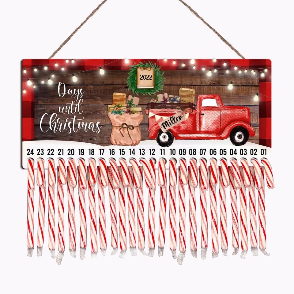 Truck Days Until Christmas, Candy Cane Countdown Advent - Personalized Wooden Sign