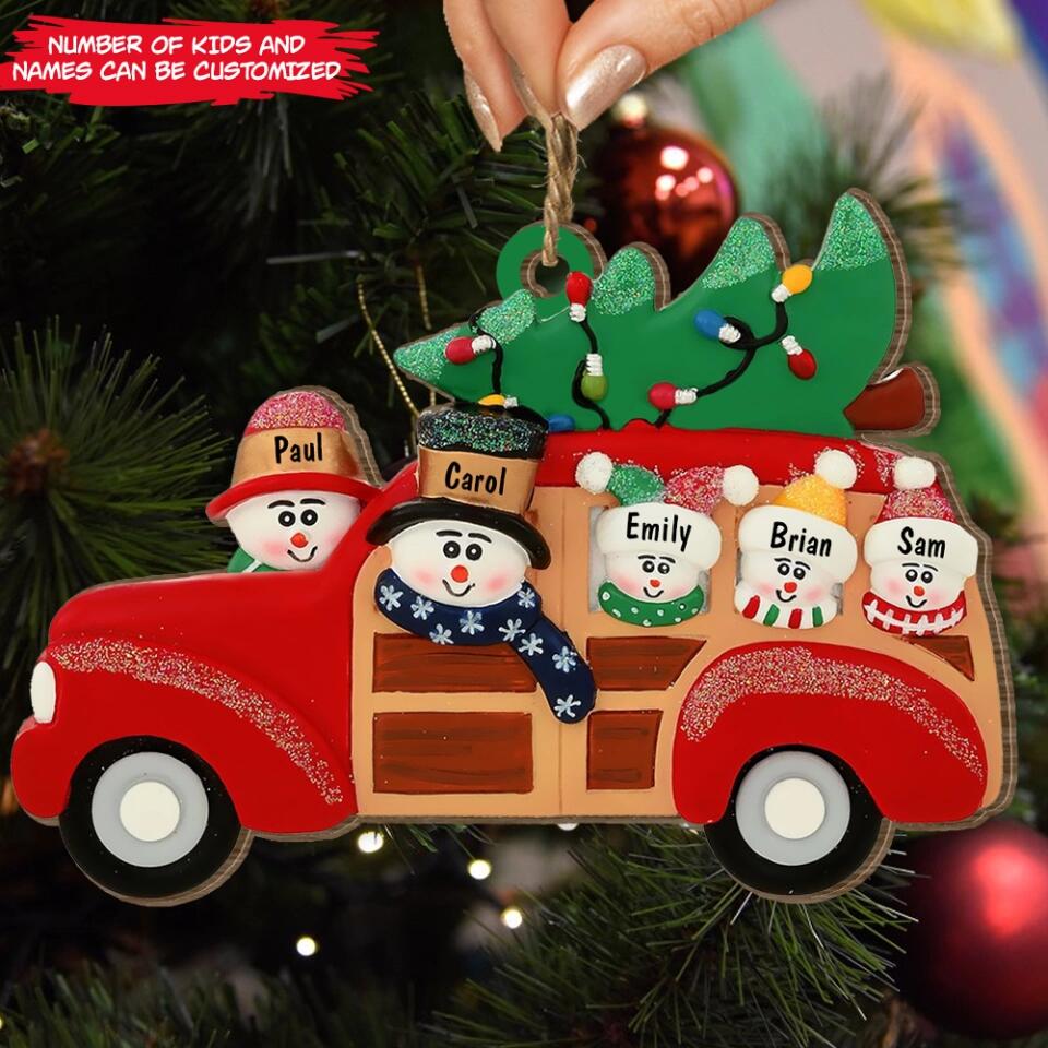 Snowman Ornament - Christmas Decor - Family Gifts - Personalized Family Ornament 2022 - Personalized Snow Family In Station Wagon Ornament