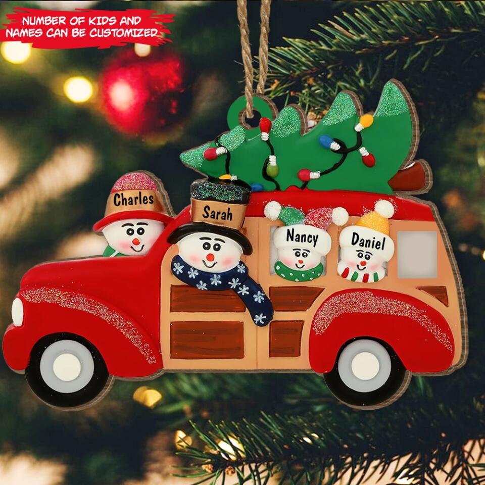 Snowman Ornament - Christmas Decor - Family Gifts - Personalized Family Ornament 2022 - Personalized Snow Family In Station Wagon Ornament