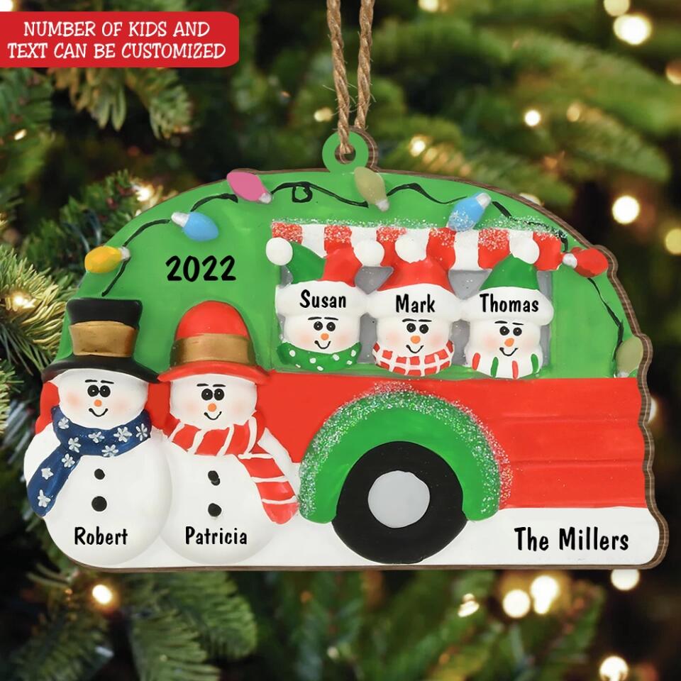 Family Christmas Ornaments - RV Camper Ornaments - Vintage Camper Personalized Ornament - Road Trip - Personalized Snowman Camper Ornament