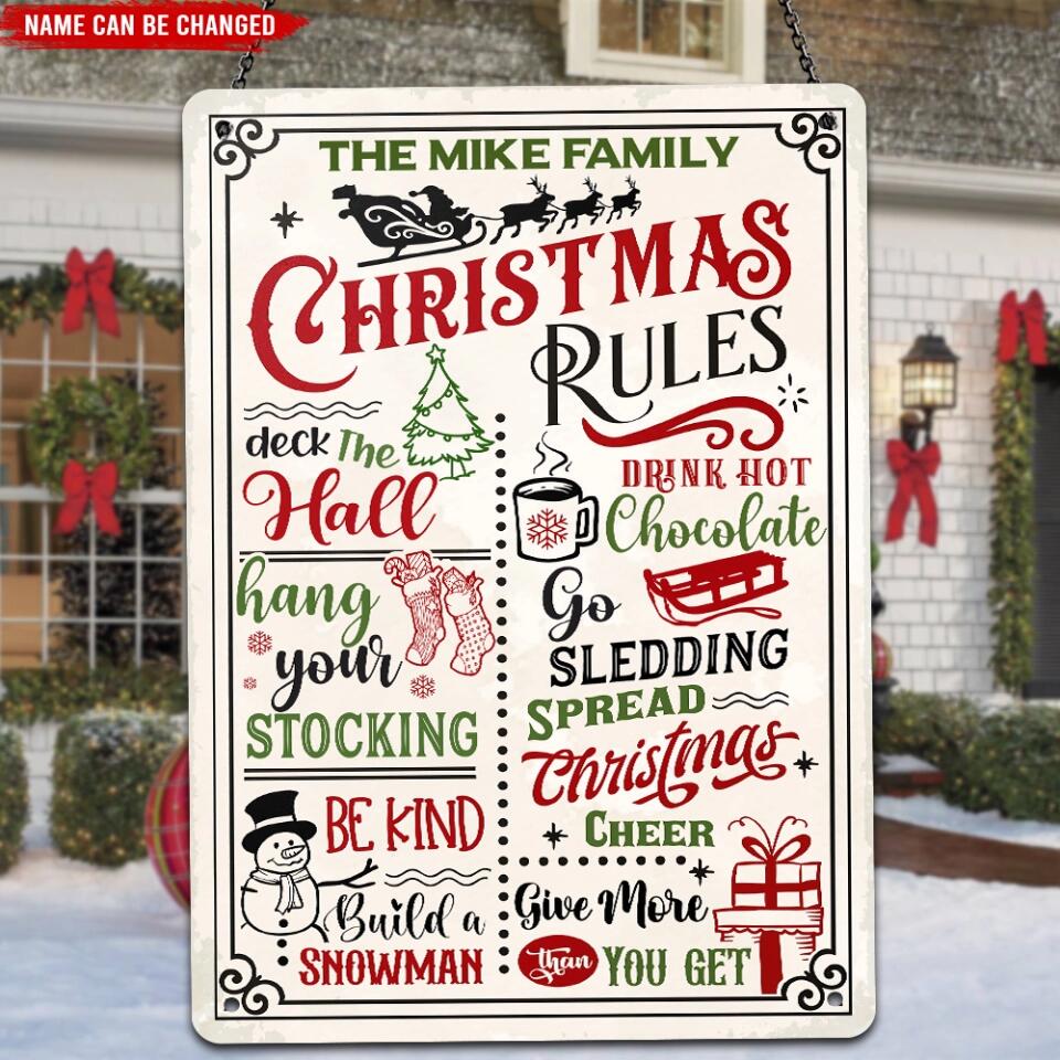 Christmas Rules - Personalized Metal Sign, Custom Family Name Sign, Christmas Gift