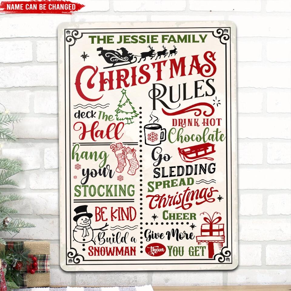 Christmas Rules - Personalized Metal Sign, Custom Family Name Sign, Christmas Gift