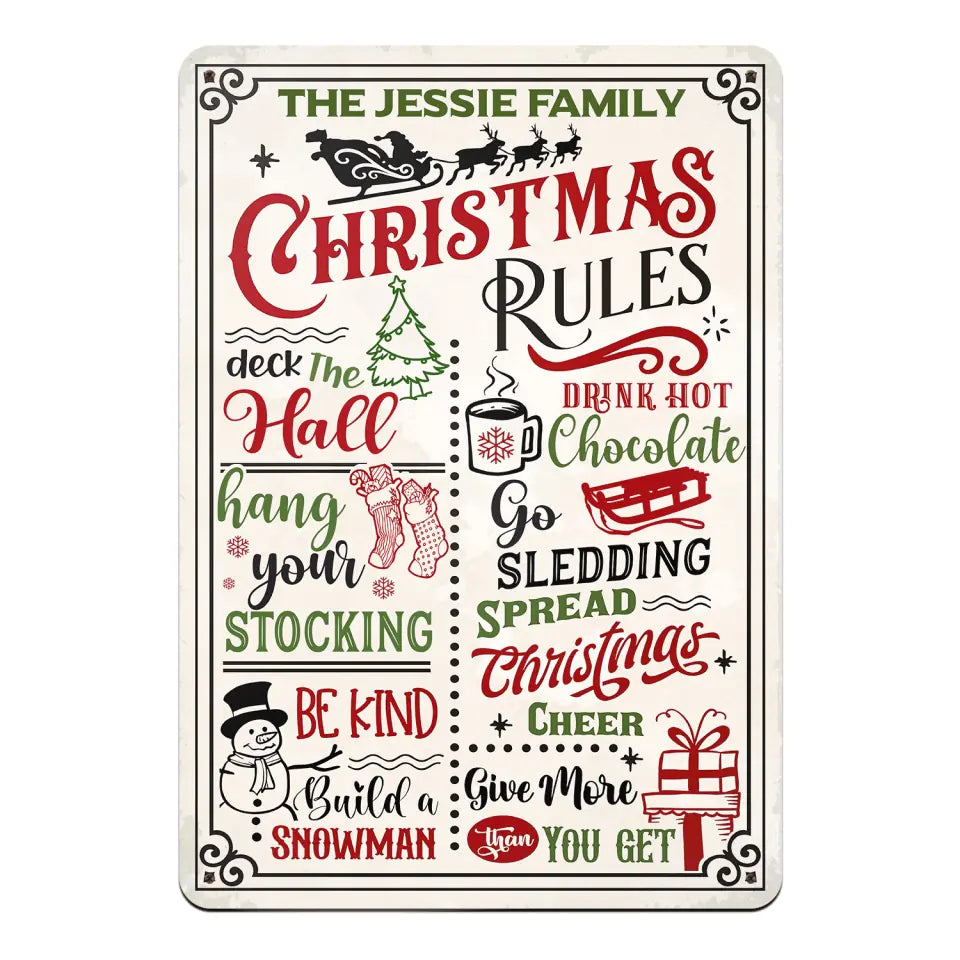 Christmas Rules - Personalized Metal Sign, Custom Family Name Sign, Christmas Gift