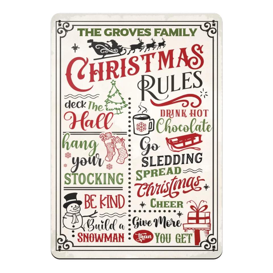 Christmas Rules - Personalized Metal Sign, Custom Family Name Sign, Christmas Gift