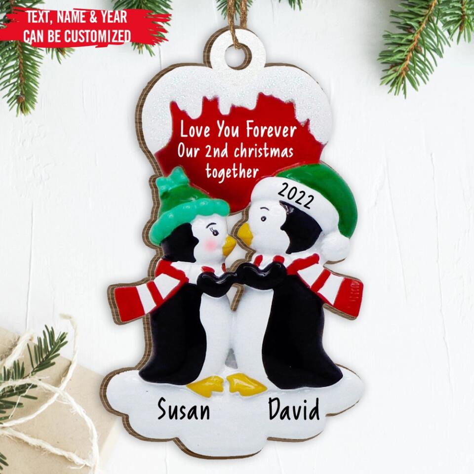 Personalized Couple Ornament - Love You Forever, Kissing Penguin Couple Ornament, Couples First Christmas, Custom Ornament For New Couple
