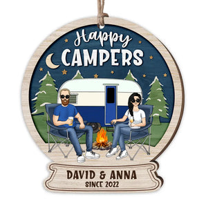 Happy Campers - Personalized Wooden Ornament, Christmas Gift For Couple Camping Lovers