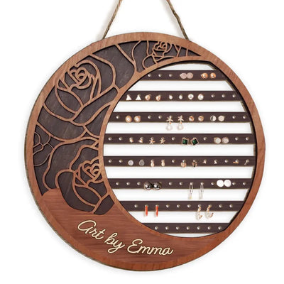 Hanging Earring Organizer - Jewelry Display Holder - Personalized Wood Jewelry Organizer - Gift For Friend - Personalized Floral Moon Earring Holder Sign