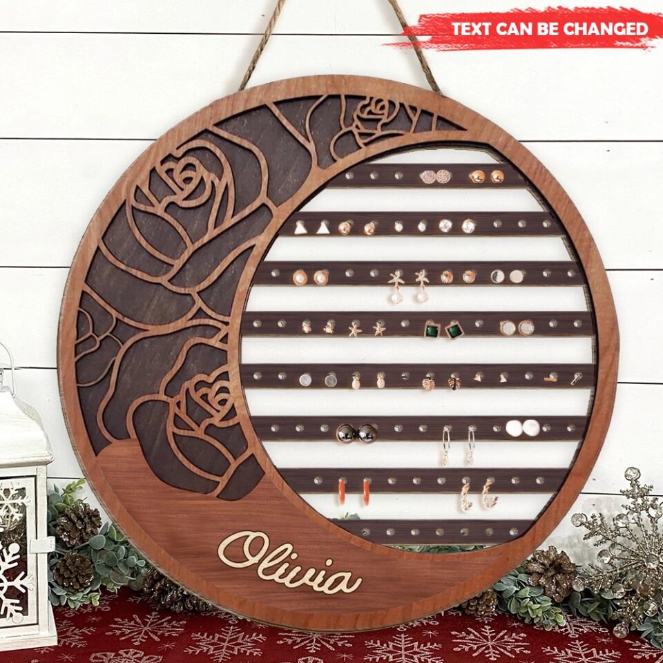 Hanging Earring Organizer - Jewelry Display Holder - Personalized Wood Jewelry Organizer - Gift For Friend - Personalized Floral Moon Earring Holder Sign