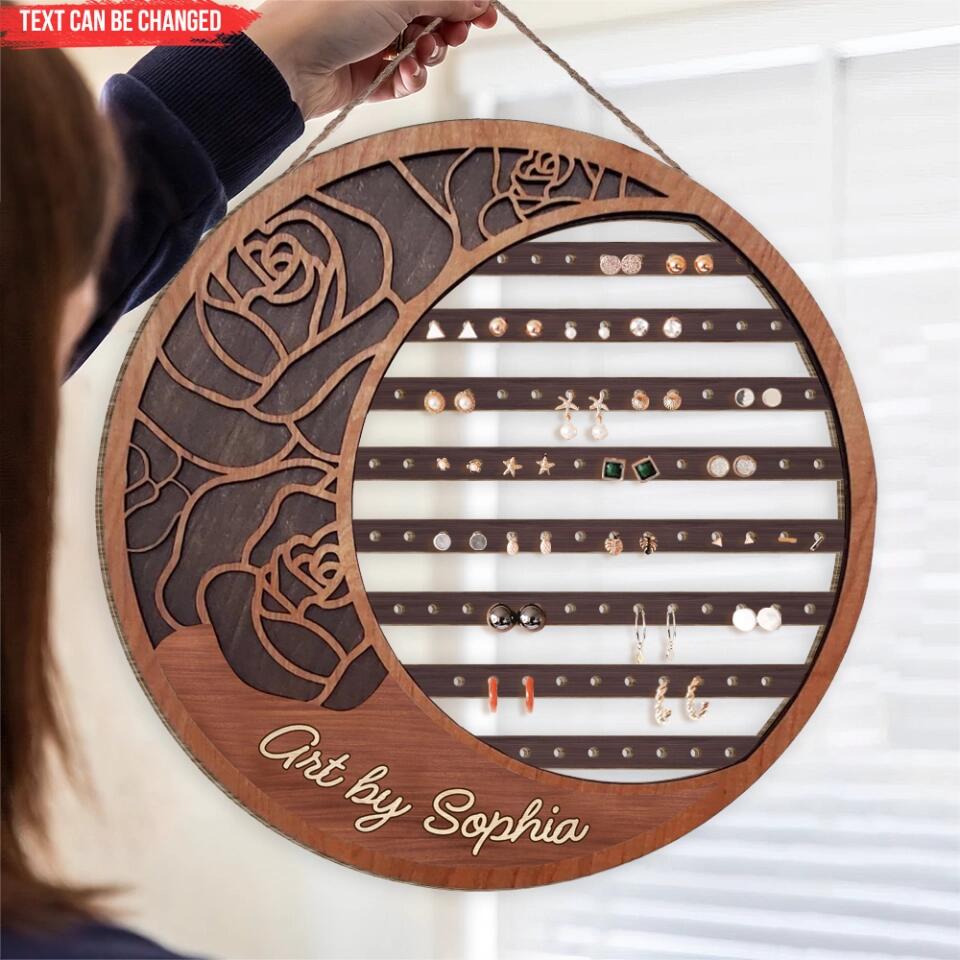 Hanging Earring Organizer - Jewelry Display Holder - Personalized Wood Jewelry Organizer - Gift For Friend - Personalized Floral Moon Earring Holder Sign