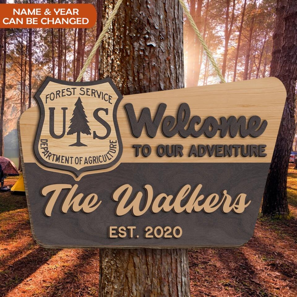 NFS Welcome To Our Adventure - Personalized 2 Layer Sign, Gift For Camper